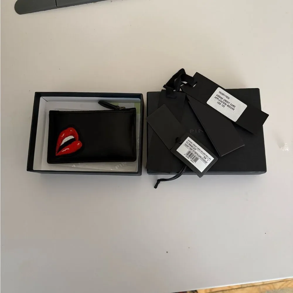 Pinko AIRONE Black Card Holder with Gold Detail & RED LIPS like new. With Box
